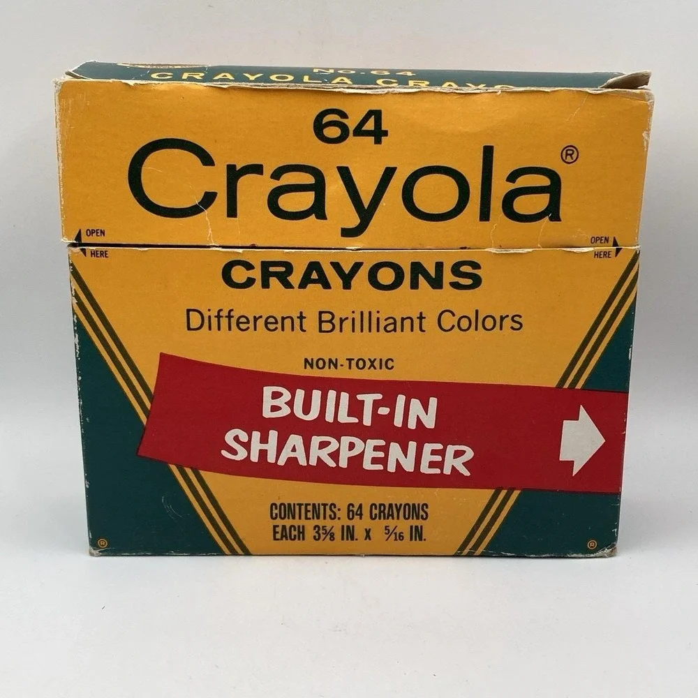 Vtg 1970's Crayola Crayons 64 Pack / With Sharpener / Worn Box / Partially Used
